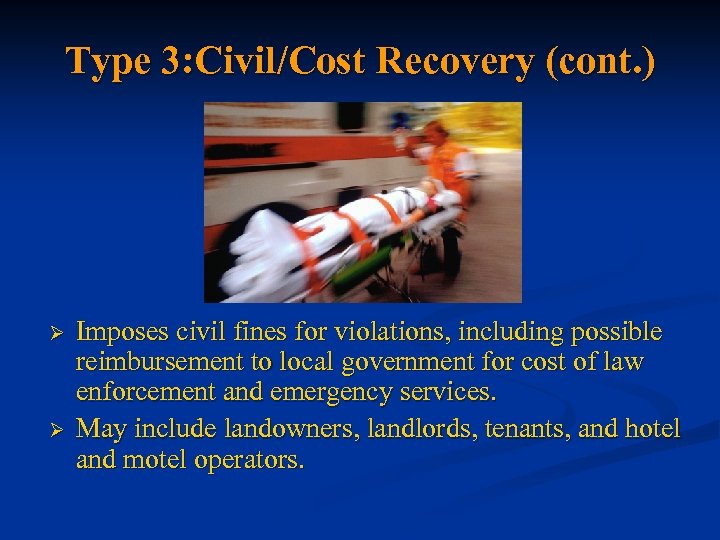 Type 3: Civil/Cost Recovery (cont. ) Ø Ø Imposes civil fines for violations, including