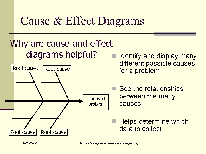 Cause & Effect Diagrams Why are cause and effect diagrams helpful? n Root cause