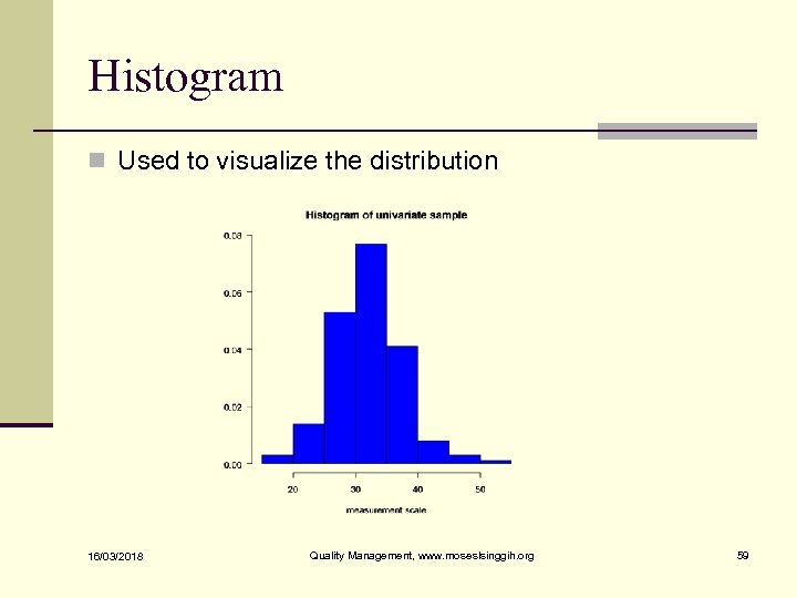 Histogram n Used to visualize the distribution 16/03/2018 Quality Management, www. moseslsinggih. org 59