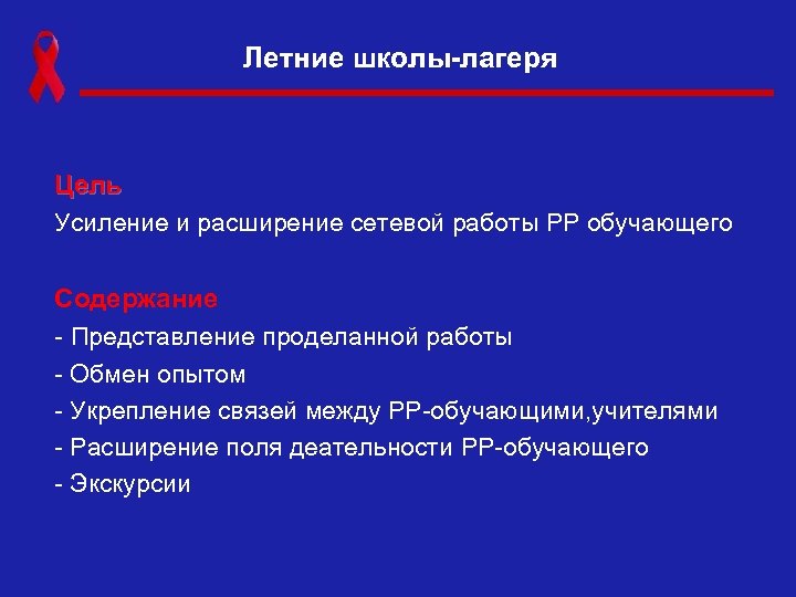 Летние школы-лагеря Цель Усиление и расширение сетевой работы РР обучающего Содержание - Представление проделанной