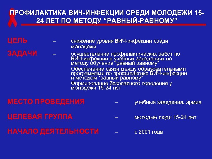 ПРОФИЛАКТИКА ВИЧ-ИНФЕКЦИИ СРЕДИ МОЛОДЕЖИ 1524 ЛЕТ ПО МЕТОДУ “РАВНЫЙ-РАВНОМУ” ЦЕЛЬ – ЗАДАЧИ – снижение