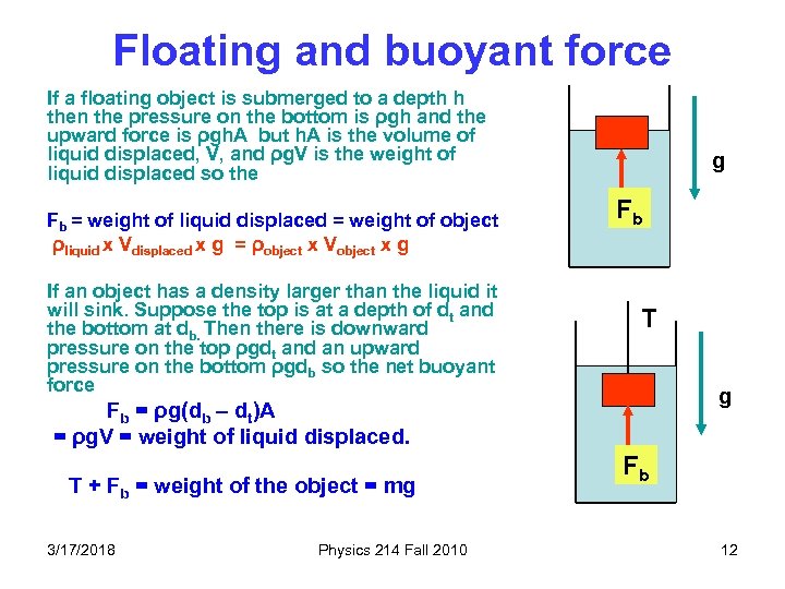 Floating and buoyant force If a floating object is submerged to a depth h