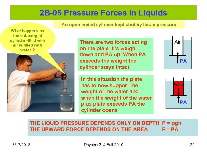 2 B-05 Pressure Forces in Liquids An open ended cylinder kept shut by liquid