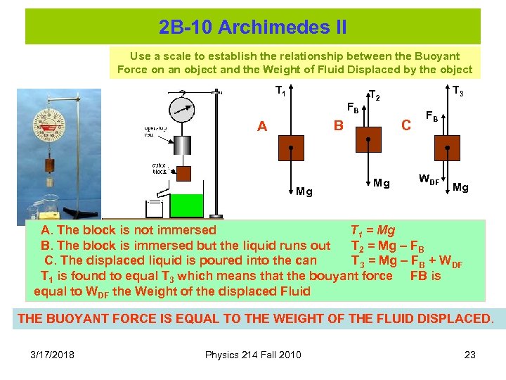 2 B-10 Archimedes II Use a scale to establish the relationship between the Buoyant