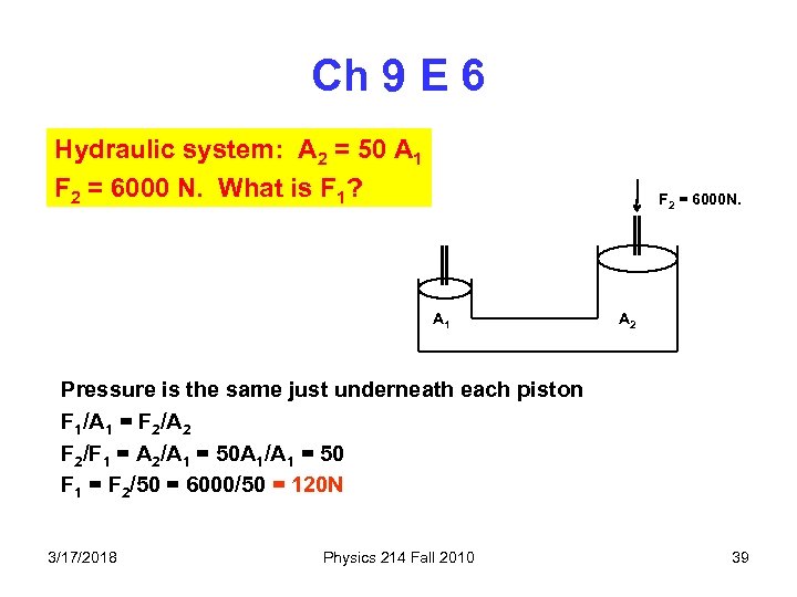 Ch 9 E 6 Hydraulic system: A 2 = 50 A 1 F 2