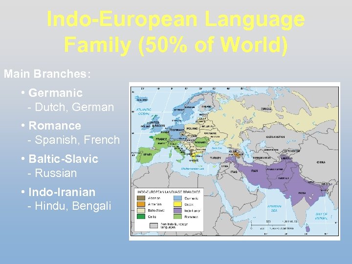 Indo-European Language Family (50% of World) Main Branches: • Germanic - Dutch, German •