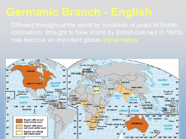 Germanic Branch - English Diffused throughout the world by hundreds of years of British