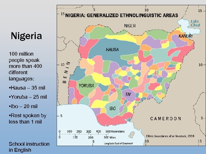 Nigeria 100 million people speak more than 400 different languages: • Hausa – 35