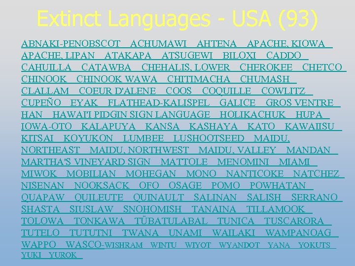 Extinct Languages - USA (93) ABNAKI-PENOBSCOT ACHUMAWI AHTENA APACHE, KIOWA APACHE, LIPAN ATAKAPA ATSUGEWI