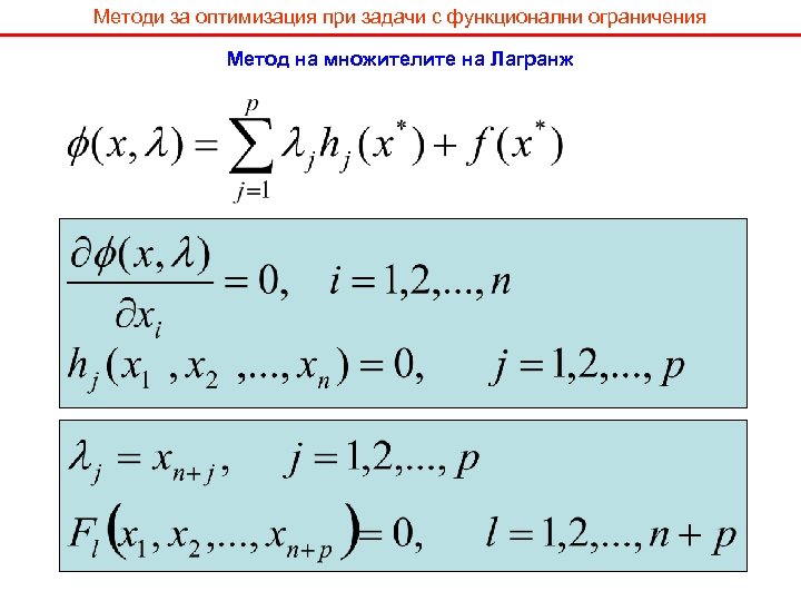 Методи за оптимизация при задачи с функционални ограничения Метод на множителите на Лагранж 