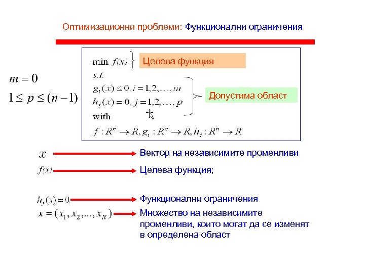 Оптимизационни проблеми: Функционални ограничения Целева функция Допустима област Вектор на независимите променливи Целева функция;