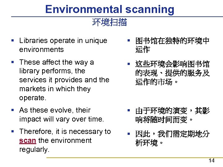 Environmental scanning 环境扫描 § Libraries operate in unique environments § 图书馆在独特的环境中 运作 § These