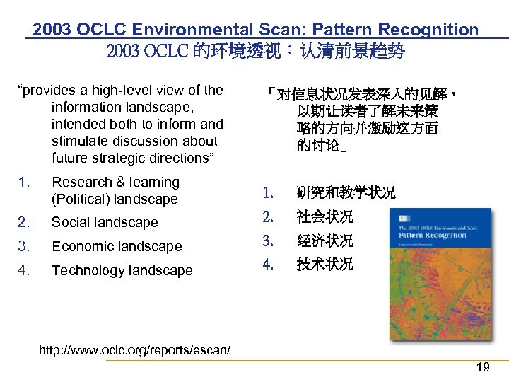 2003 OCLC Environmental Scan: Pattern Recognition 2003 OCLC 的环境透视：认清前景趋势 “provides a high-level view of