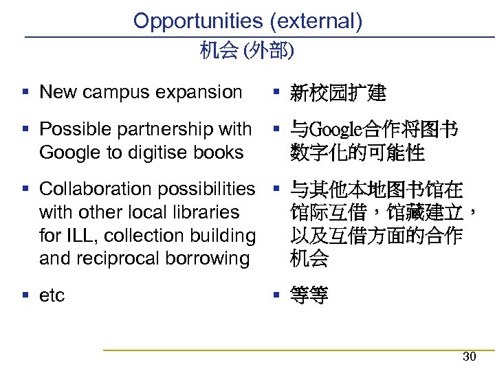 Opportunities (external) 机会 (外部) § New campus expansion § 新校园扩建 § Possible partnership with