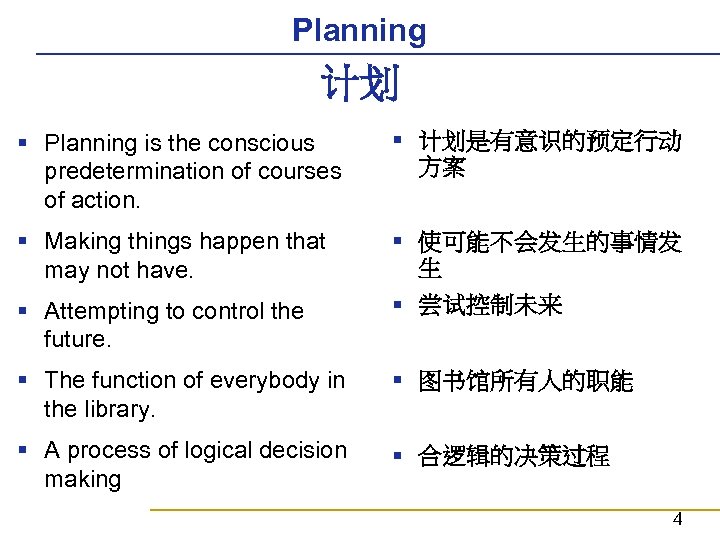 Planning 计划 § Planning is the conscious predetermination of courses of action. § 计划是有意识的预定行动