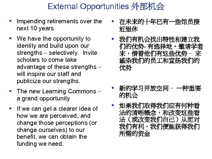 External Opportunities 外部机会 § Impending retirements over the next 10 years § 在未来的十年已有一些馆员接 近退休