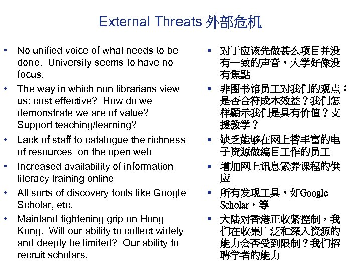 External Threats 外部危机 • No unified voice of what needs to be done. University