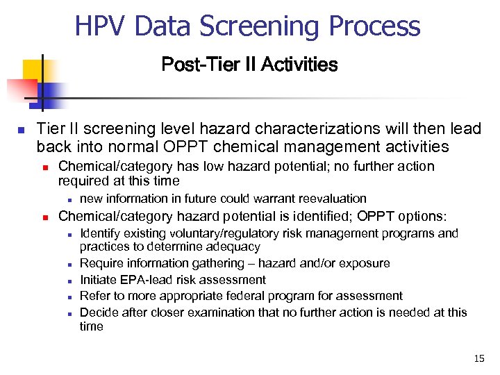 HPV Data Screening Process Post-Tier II Activities n Tier II screening level hazard characterizations