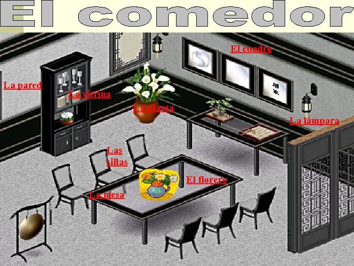 El cuadro La pared La vitrina La planta La lámpara Las sillas El florero