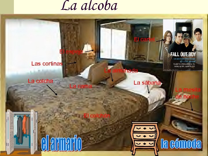 La alcoba El cartel El espejo Las cortinas La almohada La colcha La cama