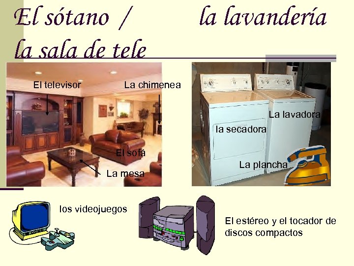 El sótano / la sala de tele El televisor la lavandería La chimenea La