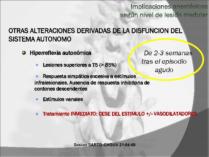 Hiperreflexia autonómica Lesiones superiores a T 5 (> 85%) De 2 -3 semanas tras