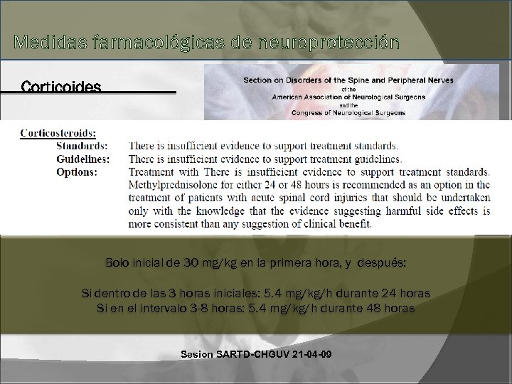 Medidas farmacológicas de neuroprotección Bolo inicial de 30 mg/kg en la primera hora, y