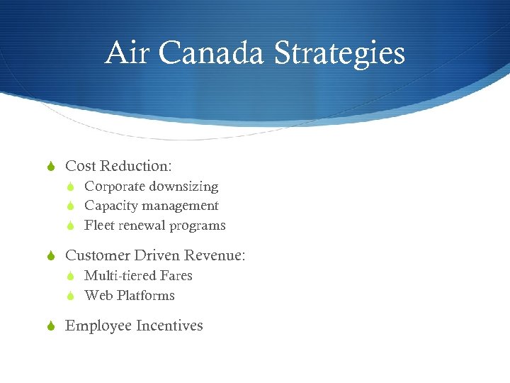 Air Canada Strategies S Cost Reduction: S Corporate downsizing S Capacity management S Fleet