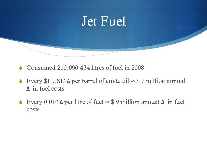 Jet Fuel S Consumed 210, 090, 434 litres of fuel in 2008 S Every