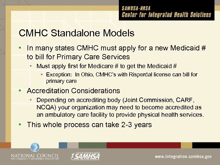 CMHC Standalone Models • In many states CMHC must apply for a new Medicaid