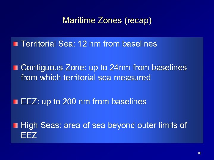 Maritime Zones (recap) Territorial Sea: 12 nm from baselines Contiguous Zone: up to 24