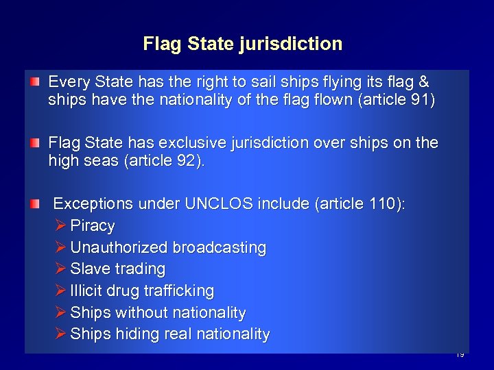 Flag State jurisdiction Every State has the right to sail ships flying its flag