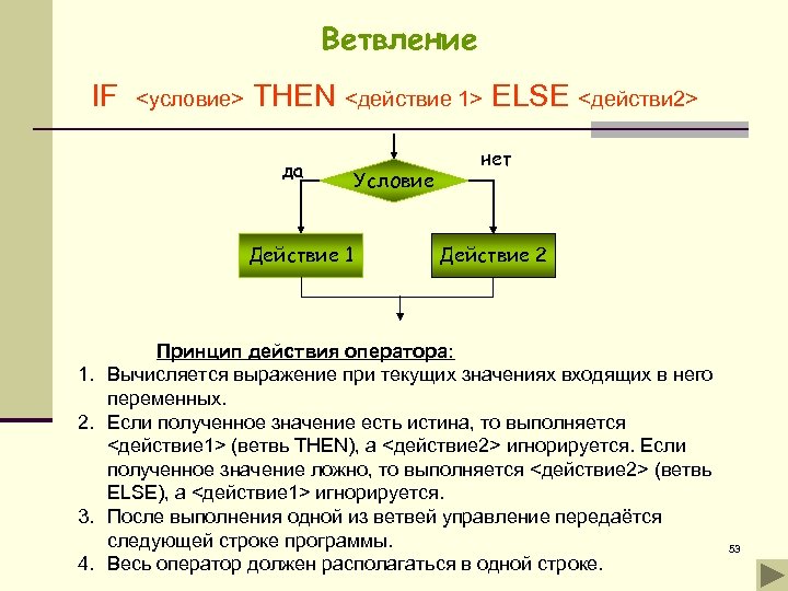 Действие 2. Ветвление. Условия ветвления. Управляющие конструкции ветвления. Ветвление если.