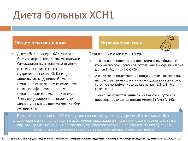 Диета больных ХСН 1 Общие рекомендации Диета больных при ХСН должна быть калорийной, легко