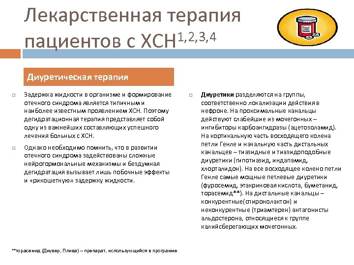 Лекарственная терапия 1, 2, 3, 4 пациентов с ХСН Диуретическая терапия Задержка жидкости в