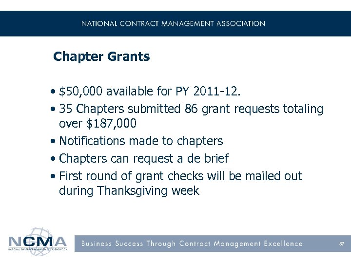 Chapter Grants • $50, 000 available for PY 2011 -12. • 35 Chapters submitted