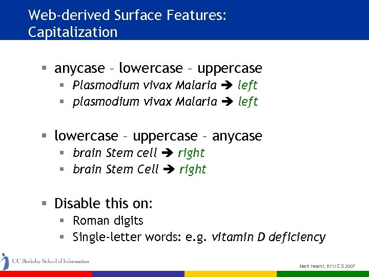 Web-derived Surface Features: Capitalization § anycase – lowercase – uppercase § Plasmodium vivax Malaria