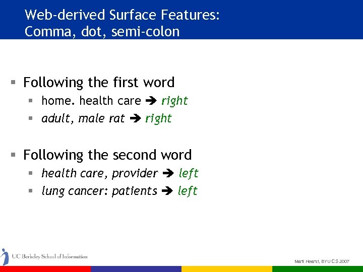 Web-derived Surface Features: Comma, dot, semi-colon § Following the first word § home. health