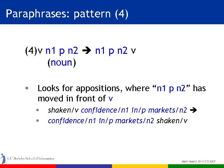 Paraphrases: pattern (4) v n 1 p n 2 v (noun) § Looks for