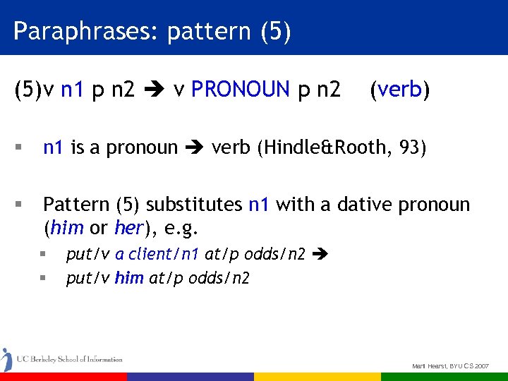 Paraphrases: pattern (5) v n 1 p n 2 v PRONOUN p n 2