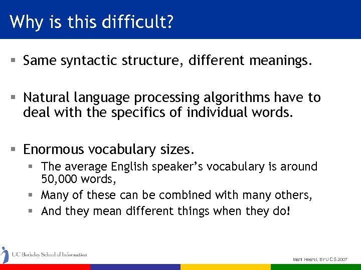 Why is this difficult? § Same syntactic structure, different meanings. § Natural language processing