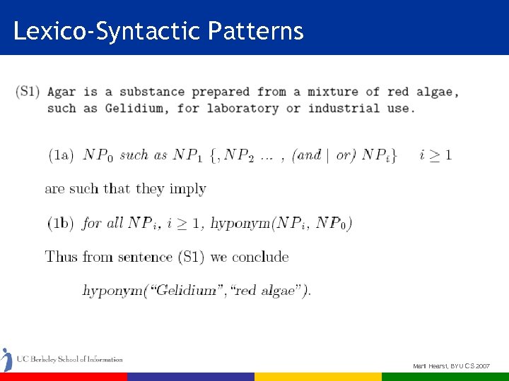 Lexico-Syntactic Patterns Marti Hearst, BYU CS 2007 