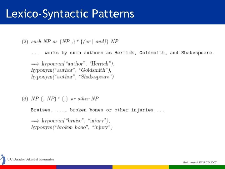Lexico-Syntactic Patterns Marti Hearst, BYU CS 2007 