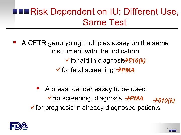 Risk Dependent on IU: Different Use, Same Test § A CFTR genotyping multiplex assay