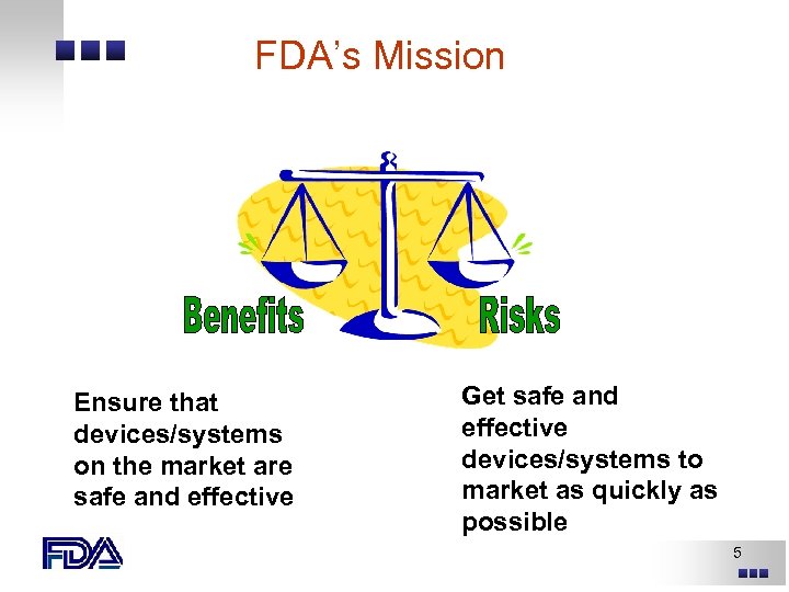 FDA’s Mission Ensure that devices/systems on the market are safe and effective Get safe