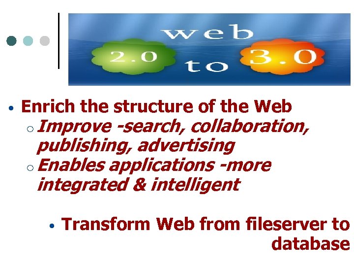 • Enrich the structure of the Web o Improve -search, collaboration, publishing, advertising