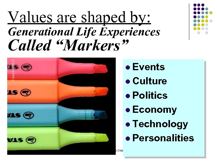 Values are shaped by: Generational Life Experiences Called “Markers” l Events l Culture l