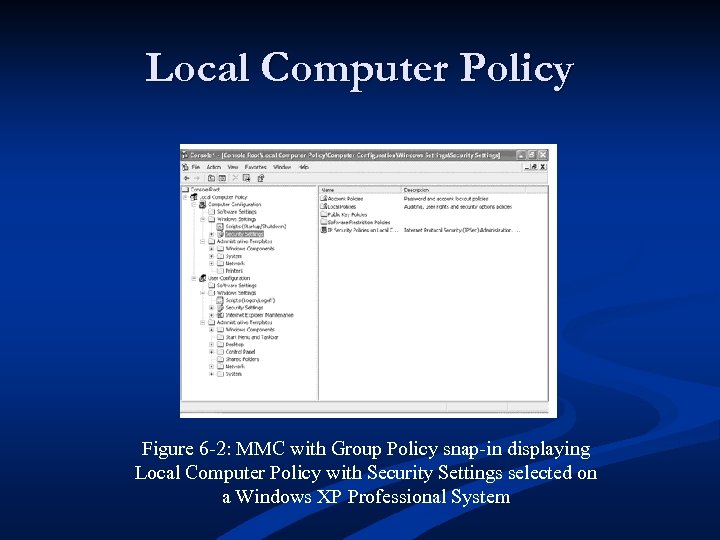 Local Computer Policy Figure 6 -2: MMC with Group Policy snap-in displaying Local Computer