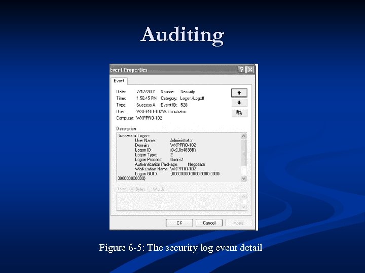 Auditing Figure 6 -5: The security log event detail 