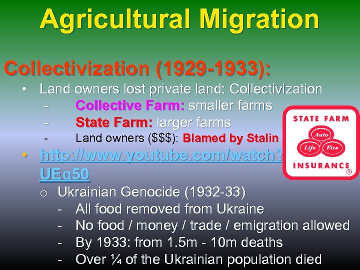 Agricultural Migration Collectivization (1929 -1933): • Land owners lost private land: Collectivization Collective Farm: